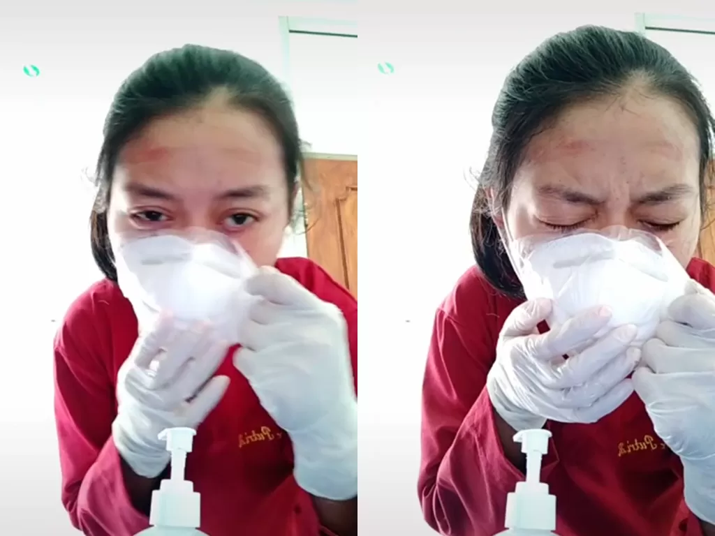 Cuplikan video saat petugas medis wanita saat berusaha melepaskan masker di wajahnya. (photo/TikTok/@freishaputri)