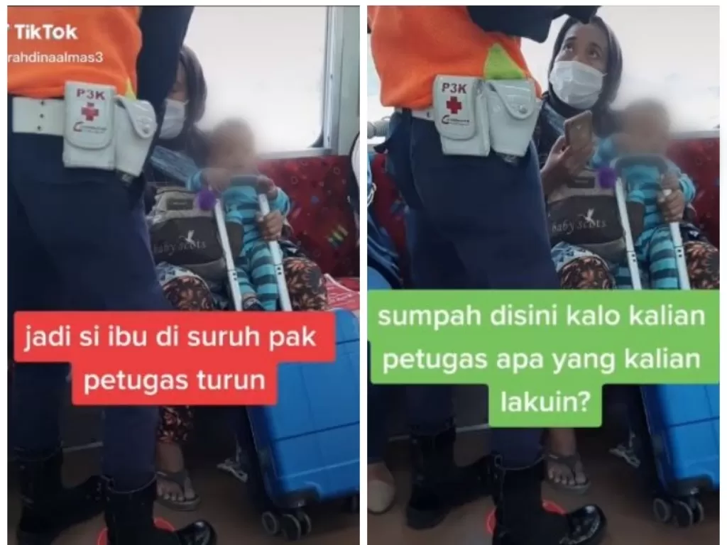 Petugas meminta ibu penumpang KRL turun karena bawa anak kecil tanpa masker. (TikTok/@farahdinaalmas3)