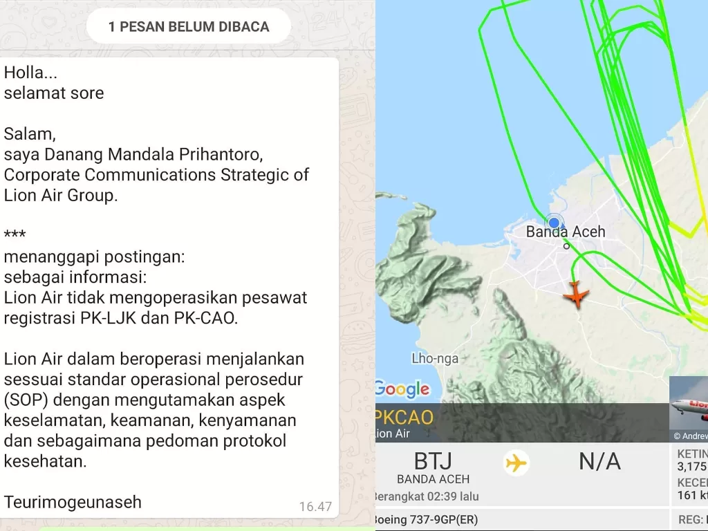 Pesawat terpantau berputar-putar di langit Aceh pada Senin (21/9/2020)