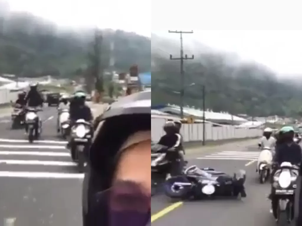 Cuplikan video saat pria yang pamer gaya dengan motornya, namun malah terjatuh. (photo/Instagram/@agoez_bandz4)