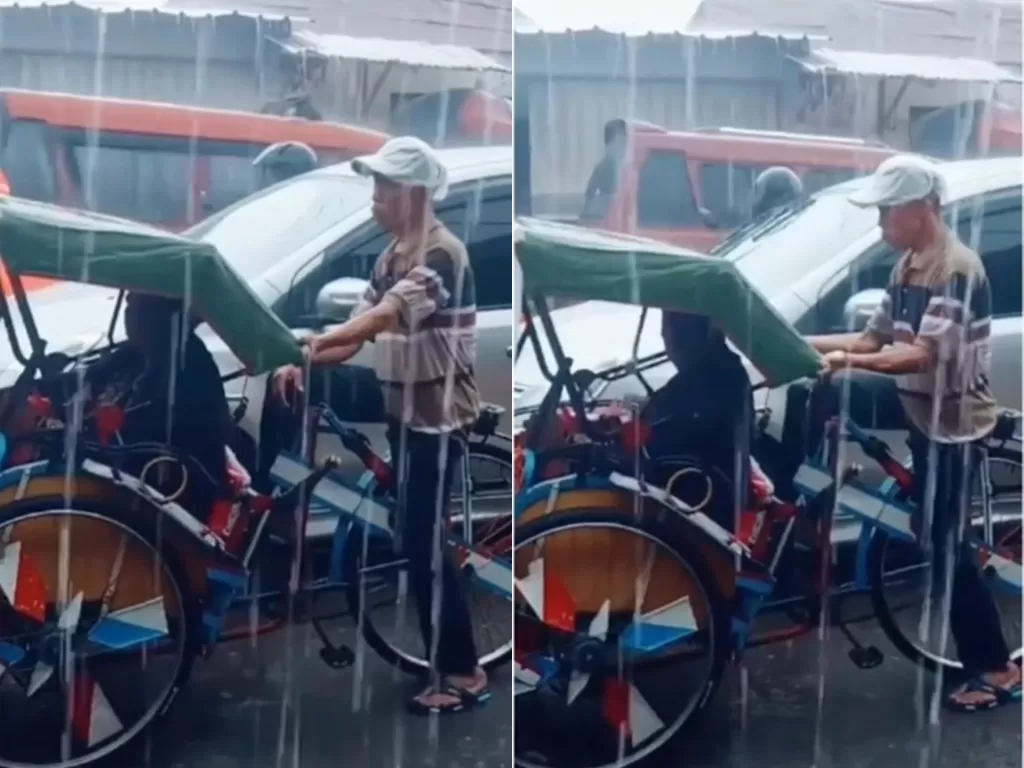 Cuplikan video saat bapak yang menarik becak meski tengah hujan. (photo/Instagram/@makassar_iinfo)