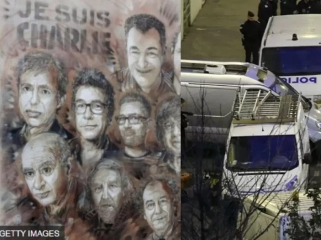 Kolase- Sebuah mural korban serangan di kantor Charlie Hebdo pada tahun 2015 (Getty Images via BBC Indonesia) dan foto polisi Perancis berjaga di sebelah mobil jenazah di depan pintu masuk kantor Charlie Hebdo, Paris usai terjadinya penembakan, Rabu (7/1/