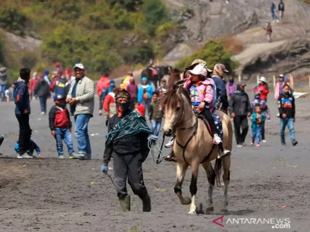 Pengunjung naik kuda yang disewakan di Tengger, Gunung Bromo, Probolinggo, Jawa Timur, Selasa (7/7/2020). Pemilik kuda mengaku, pada ritual Yadnya Kasada tahun ini omsetnya menurun karena perayaannya hanya diikuti warga Tengger saja. (ANTARA FOTO/Budi Can