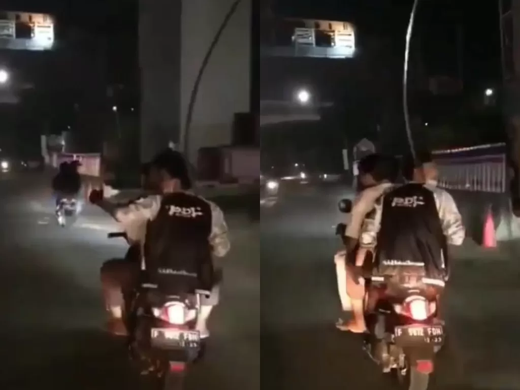Pengendara motor konvoi sambil membawa senjata tajam. (Instagram/@updateinfojakarta)