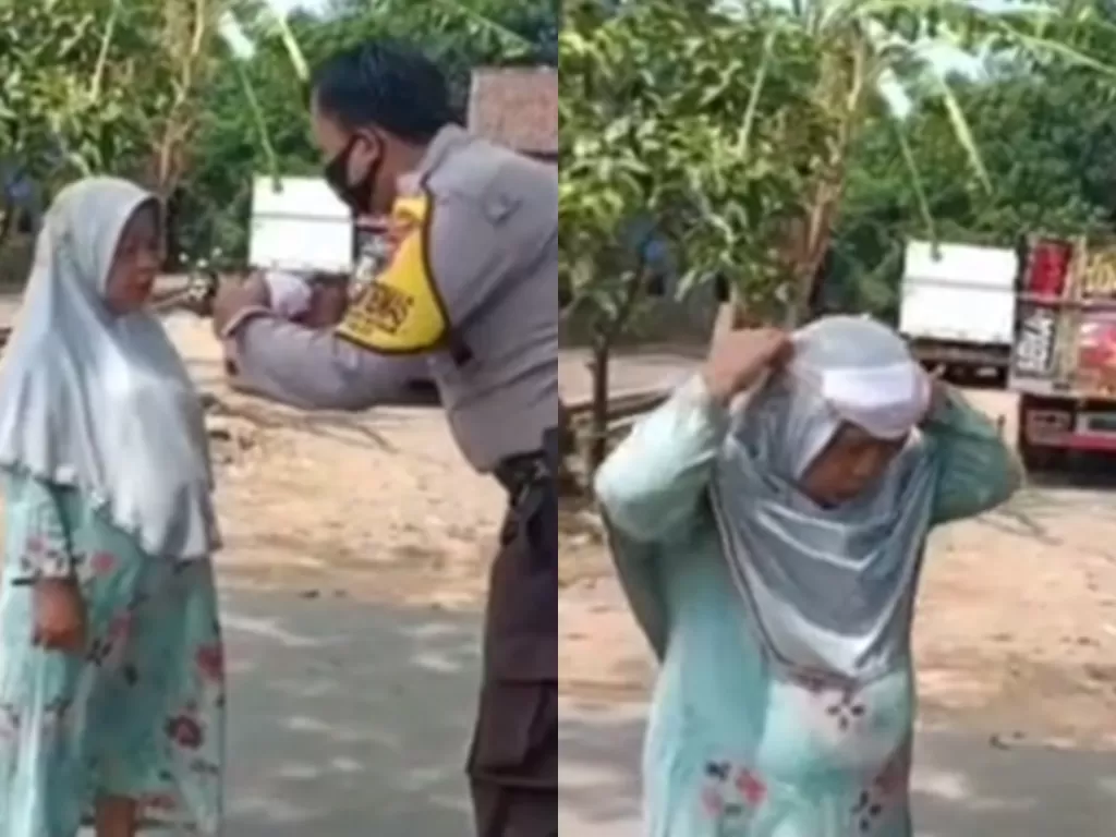 Cuplikan video saat polisi ingatkan ibu-ibu pakai masker yang bikin netizen ngakak.  (photo/TikTok/@hidayat_wahid)