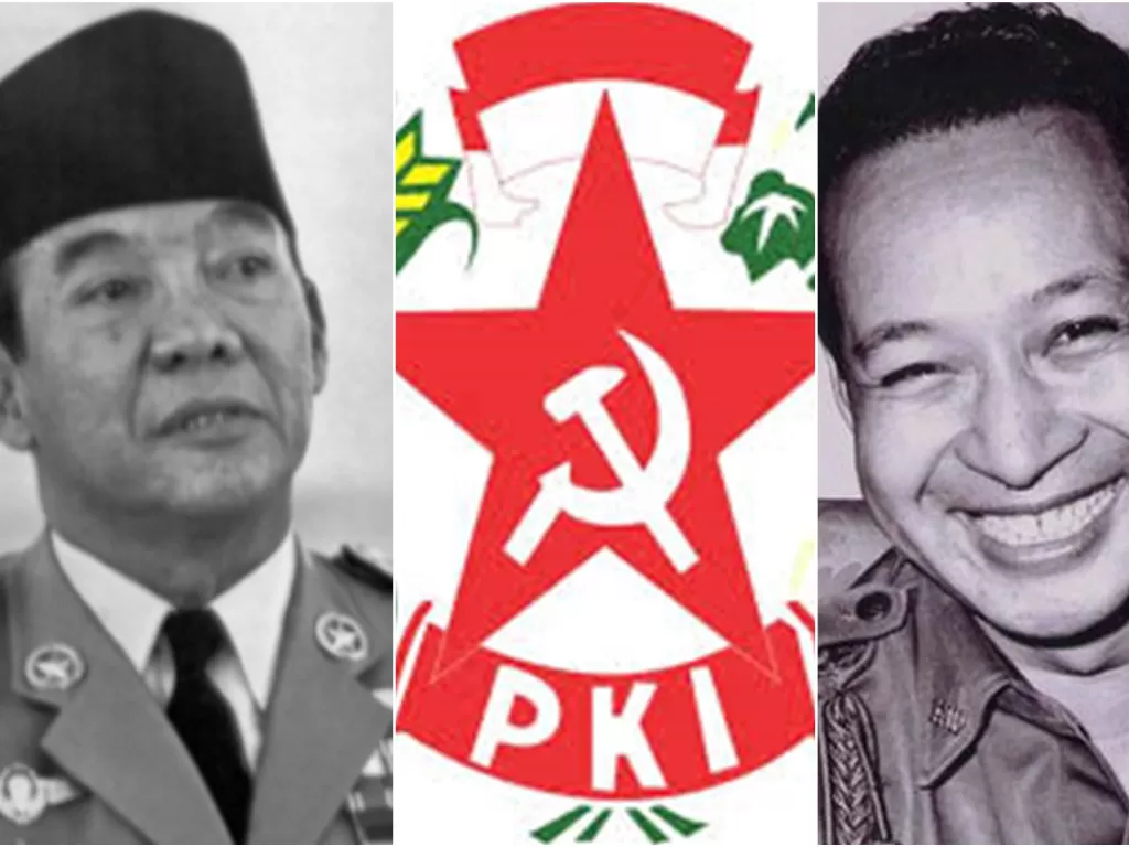Bung Karno (kiri), bendera PKI (tengah), dan Soeharto (kanan). (Ist)