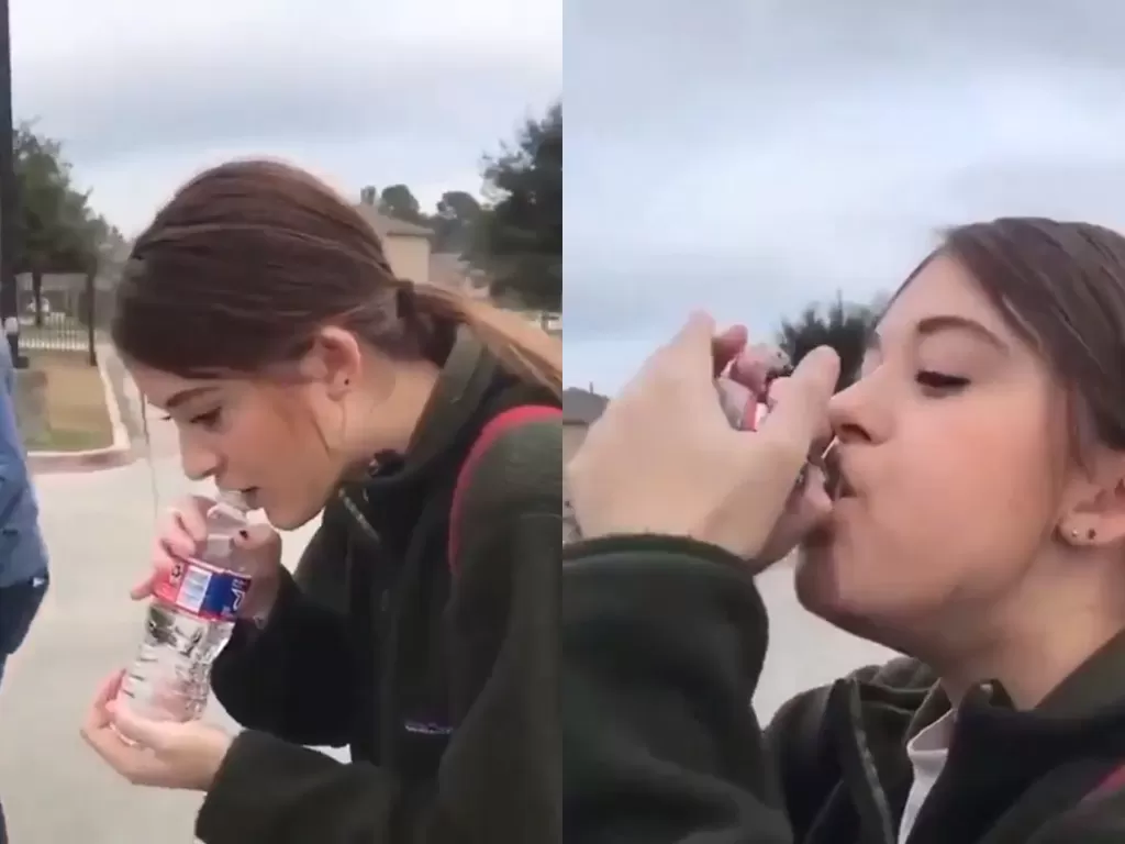 Cuplikan video saat wanita yang minum air dalam beberapa detik. (photo/Twitter/@HumansNoContext)