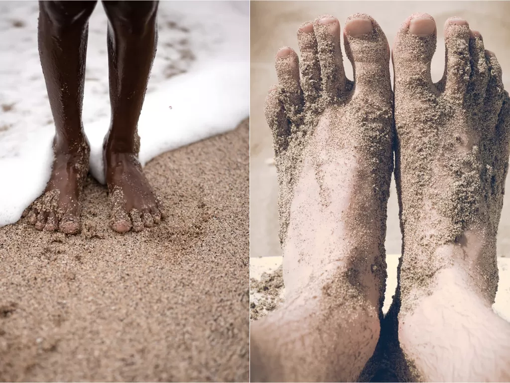 Ilustrasi kaki dipenuhi pasir pantai (Unsplash)
