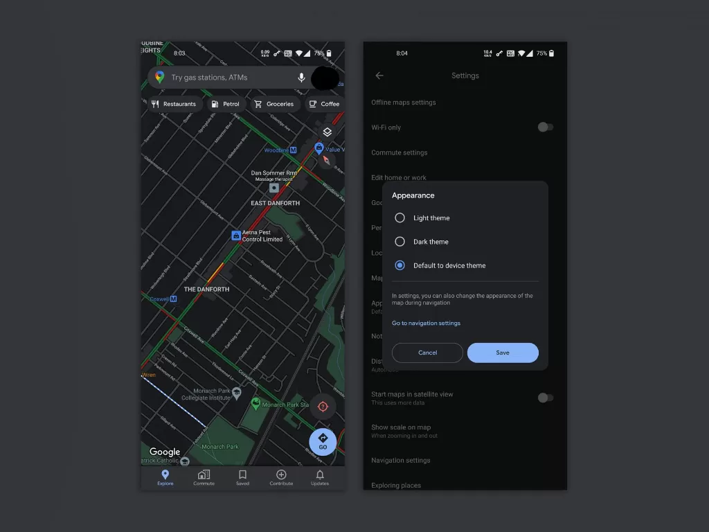 Tampilan Dark Mode di aplikasi Google Maps Android (photo/Reddit/u/BrokenF*ckenArm)