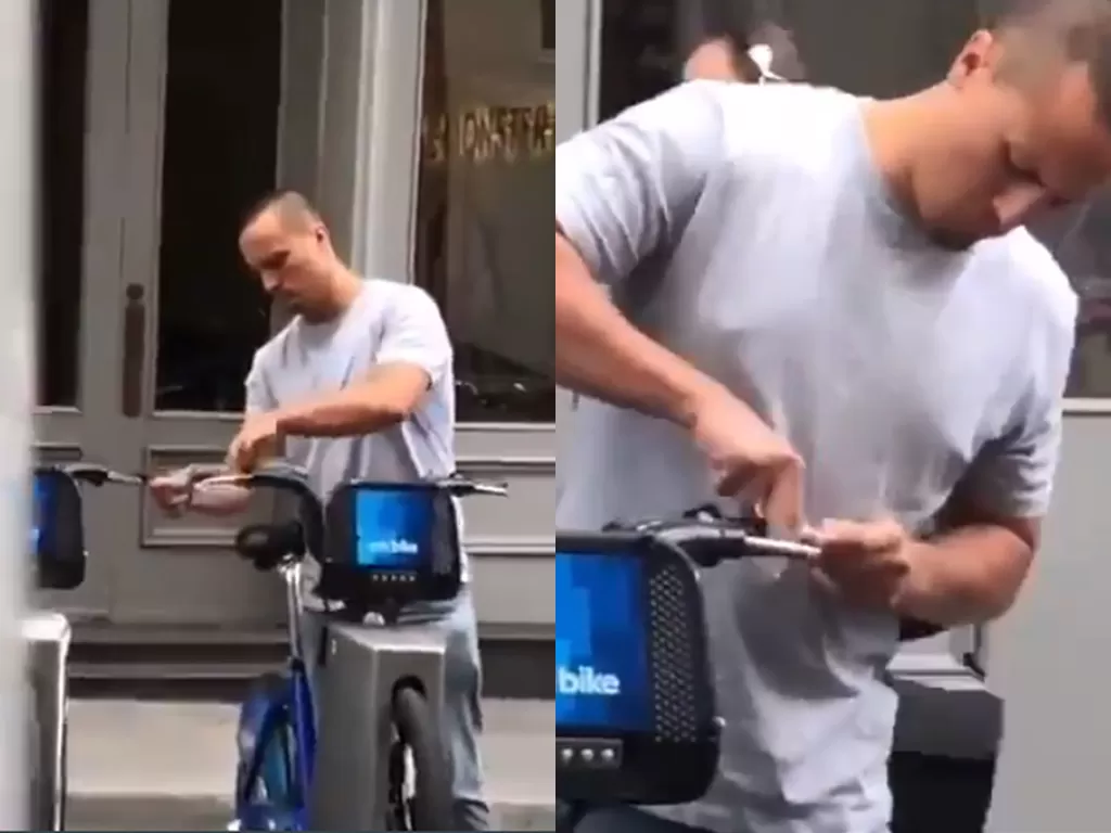 Cuplikan video saat pria yang menggunakan kondom pada stang sepedanya. (photo/Twitter/TheoShantonas)