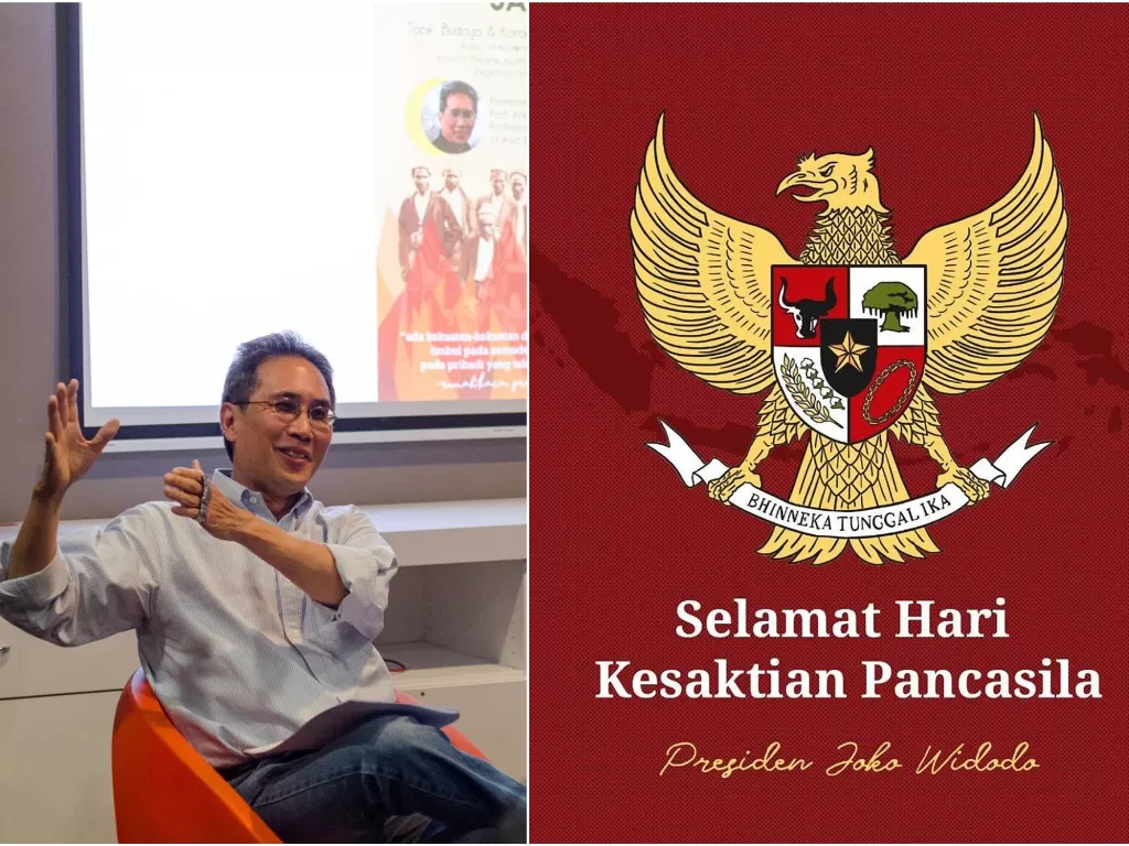 Profesor Ariel Heryanto (kiri, Facebook), dan ucapan Hari Kesaktian Pancasila (kanan/Instagram Jokowi).