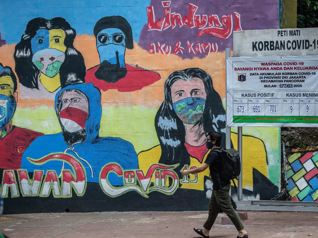 Warga berjalan di dekat mural berisi pesan ajakan menggunakan masker dan replika peti mati COVID-19 di Cikoko, Pancoran, Jakarta, Jumat (2/10/2020). (Photo/ANTARA FOTO/Aprillio Akbar)
