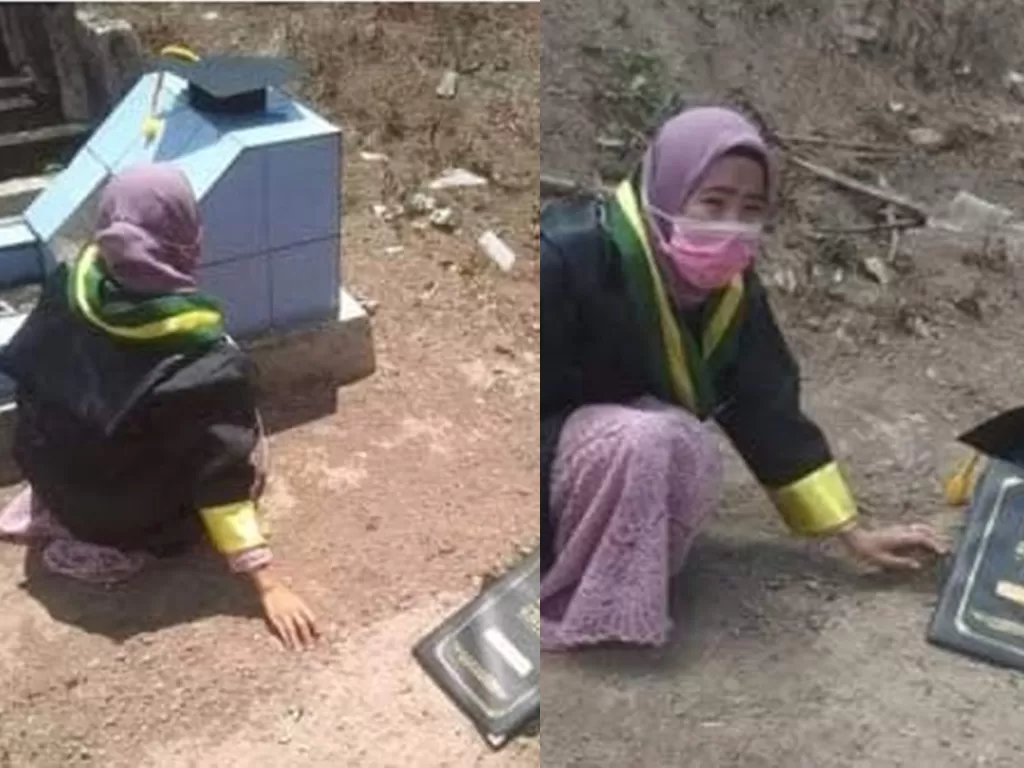 Nurwahyuni saat bersimpuh di makam orangtuanya usai wisuda. (Facebook Darwati Utieh)