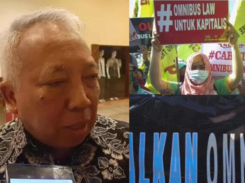 Kolase Wakil Ketua Umum Kadin Indonesia Bidang Perdagangan Benny Soetrisno dan aksi demo tolak Omnibus Law. (ANTARA)