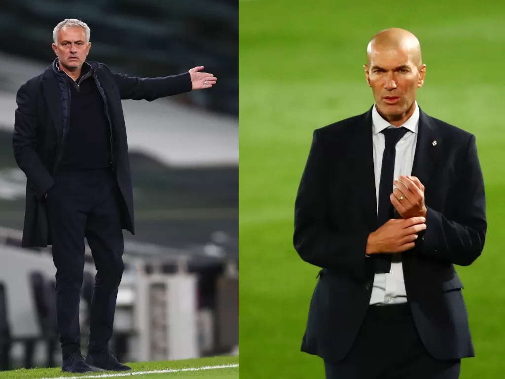 Jose Mourinho (kanan), Zinedine Zidane (kiri). (REUTERS/CLIVE ROSE/SERGIO PEREZ)