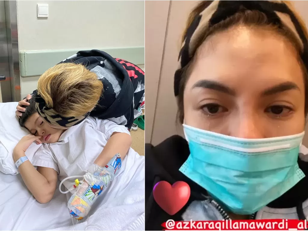 Kiri: Nikita Mirzani cium anak sebelum operasi. Kanan: Nikita Mirzani menangis menunggu anak operasi. (Instagram/@nikitamirzanimawardi_17)