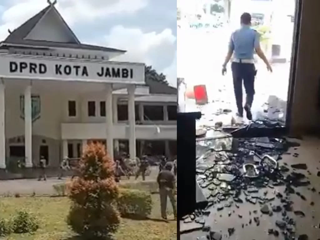 Cuplikan video sekelompok pemuda yang diduga pelajar STM menyerang Gedung DPRD Jambi. (Twitter)
