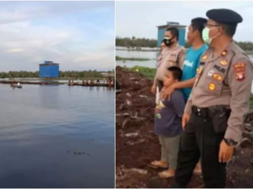 Warga dan polisi berupaya mencari jasad Galih yang tenggelam saat bikin konten video di Kanal Sungai Kahayan, Palangka Raya, Selasa (6/10/2020). (Ist)