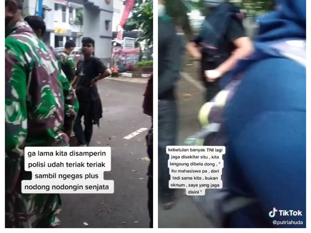 Cerita mahasiswa yang dilindungi TNI saat istirahat setelah lelah ikut demo di Bandung dan hampir diamankan polisi, Kamis (TikTok/@putriahuda)