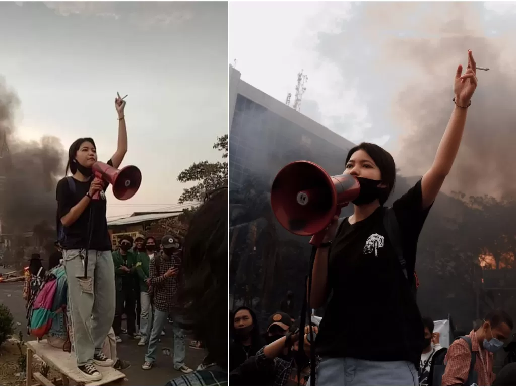 Nabila Syahdza, mahasiswa Unhas yang viral karena foto epiknya saat berdemo tolak Omnibus Law. (Twitter)