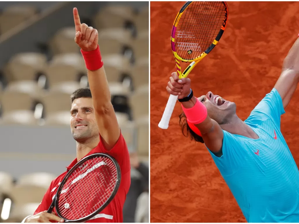 Kiri: Novak Djokovic dari Serbia merayakan kemenangannya di pertandingan semifinal melawan petenis Yunani Stefanos Tsitsipas (REUTERS/Charles Platiau). Kanan: Rafael Nadal dari Spanyol merayakan kemenangannya setelah memenangkan pertandingan semifinal mel