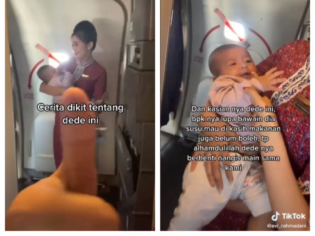 Cerita pramugari gendong bayi di pesawat hingga viral. (TikTok/@evi_rahmadani)