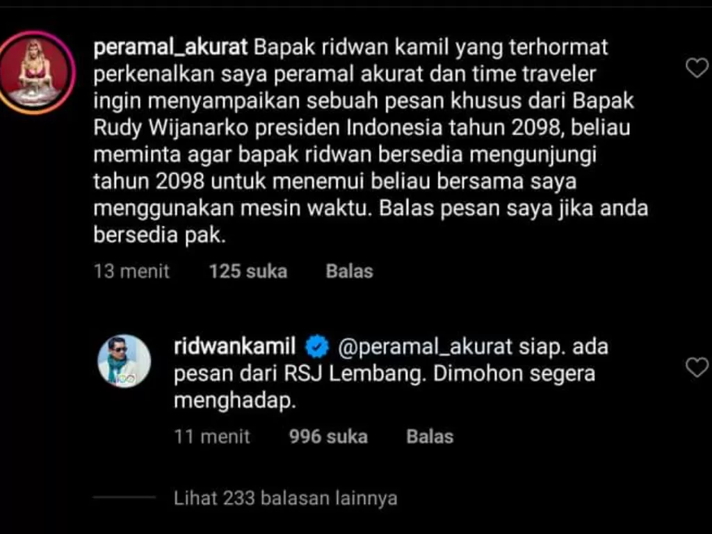 Akun peramal akurat mengajak Ridwan Kamil menemui Presiden Ri 2098. (Ist)