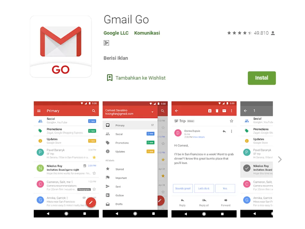 Tampilan aplikasi Gmail Go di Google Play Store (photo/Google)