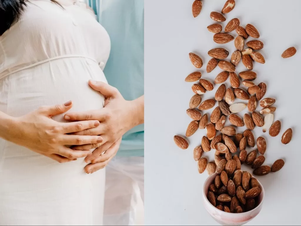 Ilustrasi ibu hamil dan kacang almond. (Pexels/Jonathan Borba/Karolina Grabowska)