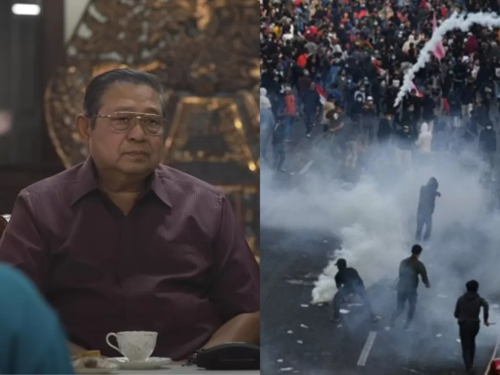 Kolase mantan Presiden RI Susilo Bambang Yudhoyono (YouTube Susilo Bambang Yudhoyono) dan demo tolak UU Cipta Kerja (ANTARA).