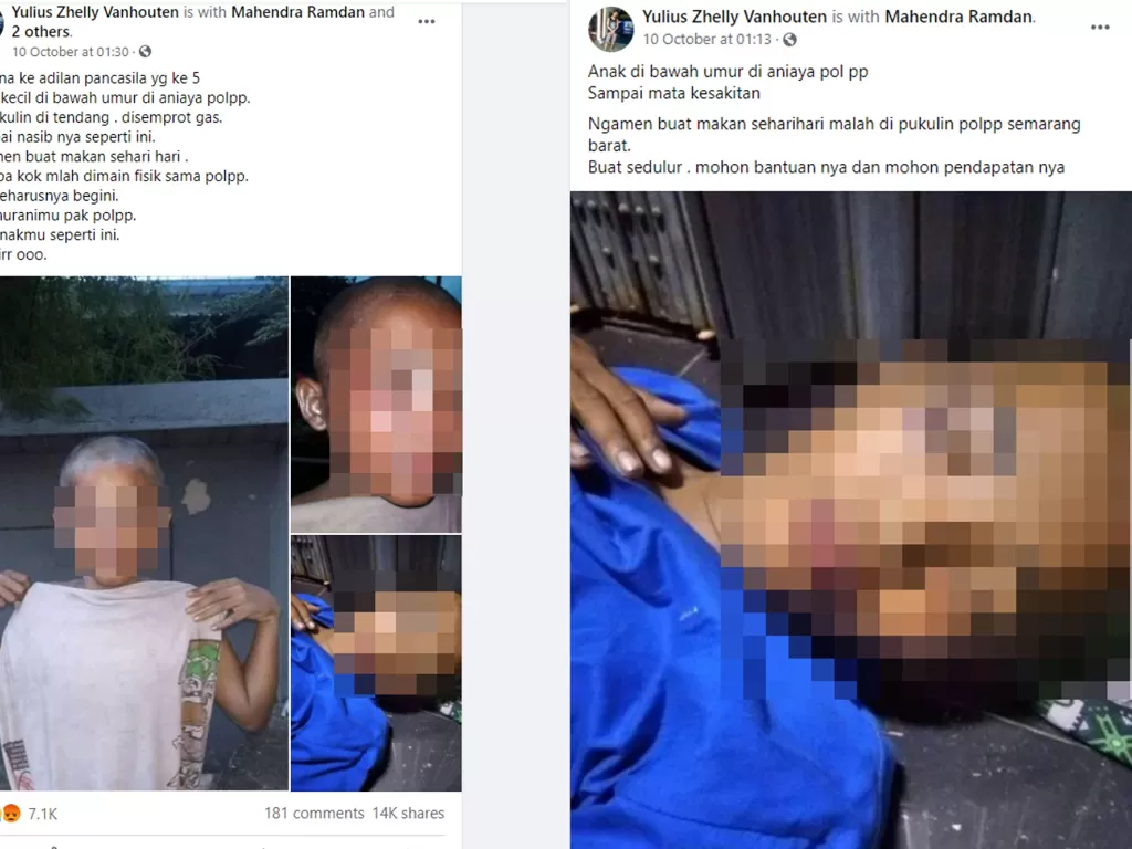 Bocah pengamen babak belur diduga dipukuli oknum Satpol PP Semarang. (Facebook/Yulius Zhelly Vanhouten)