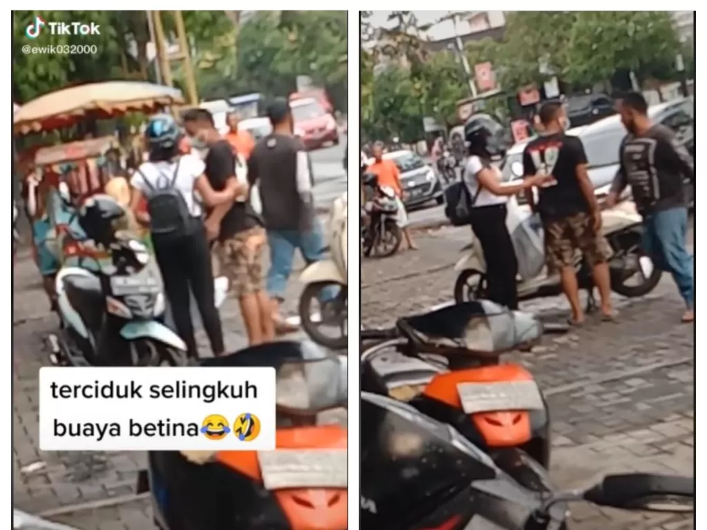 Wanita diduga ketahuan selingkuh oleh pasangannya di parkiran pasar. (TikTok/@ewik032000)