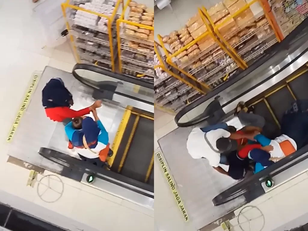  Cuplikan video disaat wanita yang panik saat naik eskalator dan menyebakan dirinya dan temannya terjatuh. (photo/TikTok/@mazbudibodon)