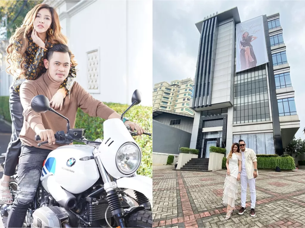 Kiri: Pasangan crazy rich Gilang Widya Pramana dan Shandy Purnamasari / Kanan: Kado ulang tahun tower megah (Instagram/juragan_99)
