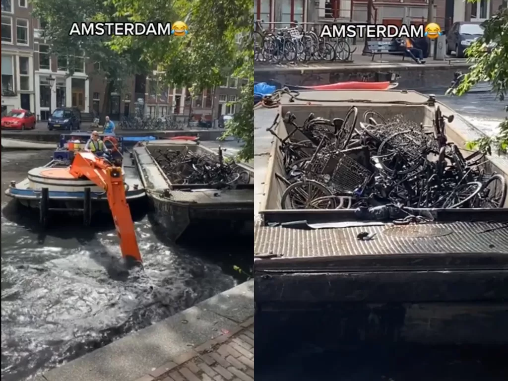 Cuplikan video disaat para petugas yang membersihkan sungai di Amsterdam yang berisi sampah sepeda. (photo/TikTok/@domenicmango)