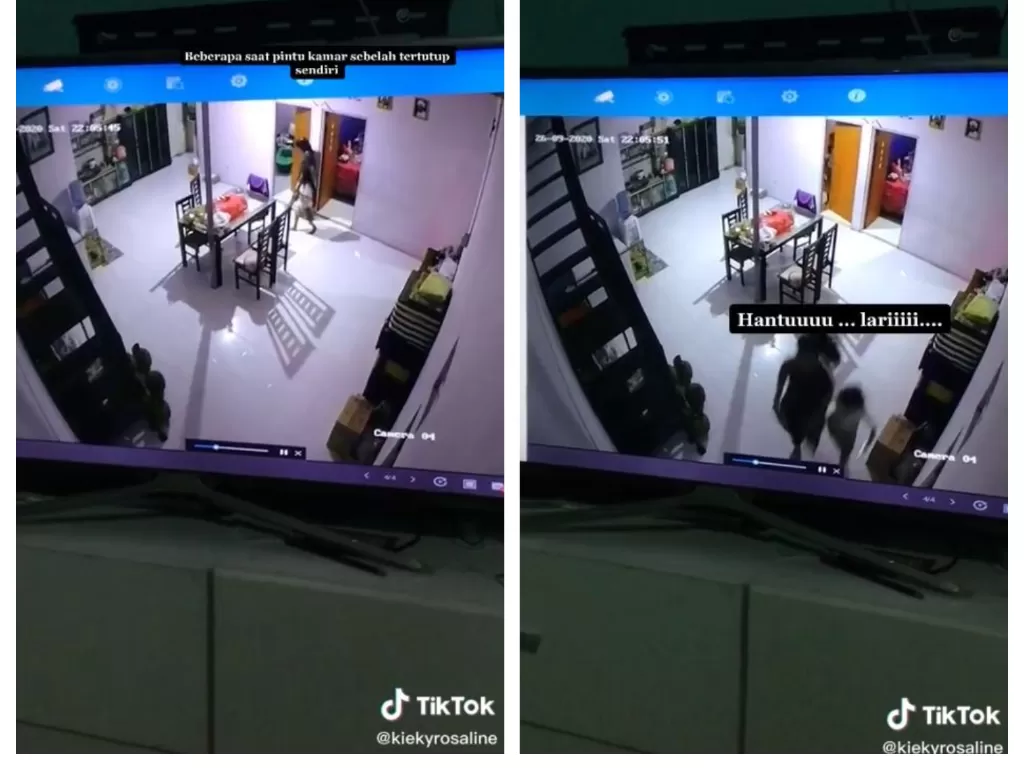 Rekaman CCTV memperlihatkan dua anak lari ketakutan karena melihat hantu, ternyata di-prank kakaknya. (TikTok/@kiekyrsalie)