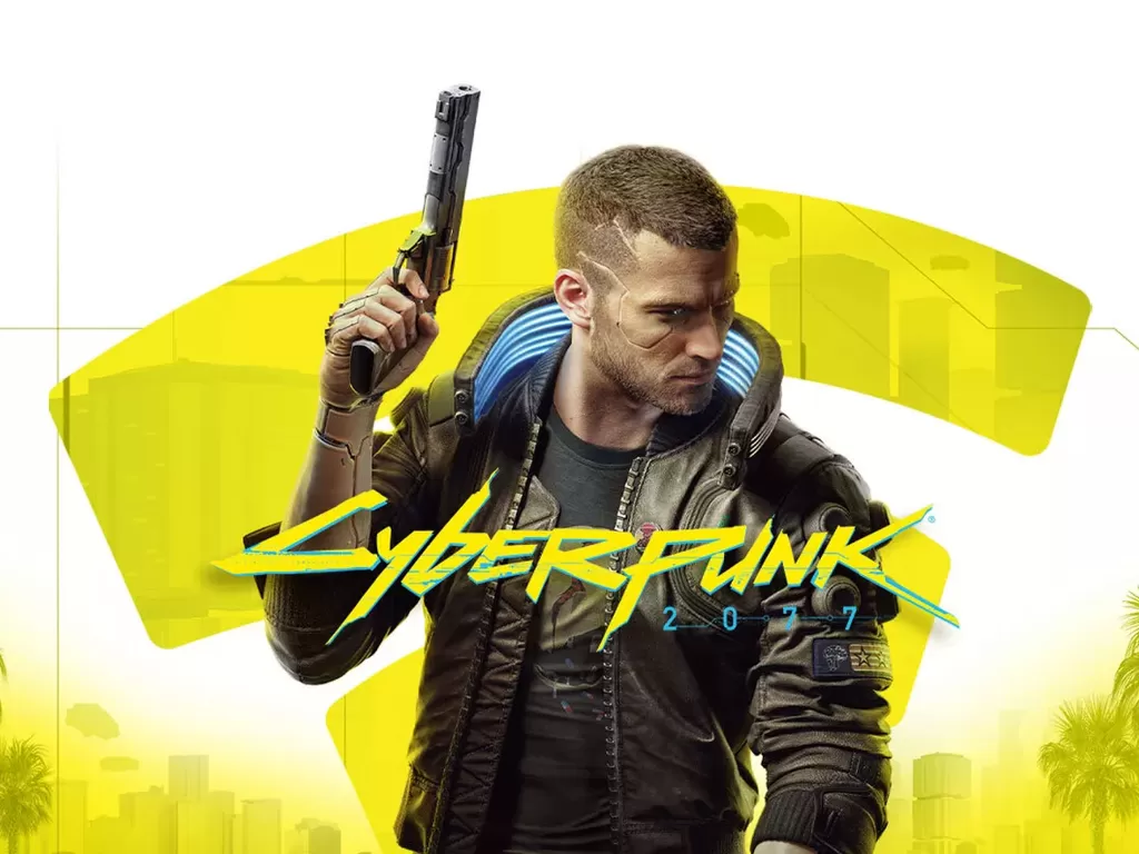 Ilustrasi game Cyberpunk 2077 dengan logo layanan Google Stadia (photo/CD Projekt Red)