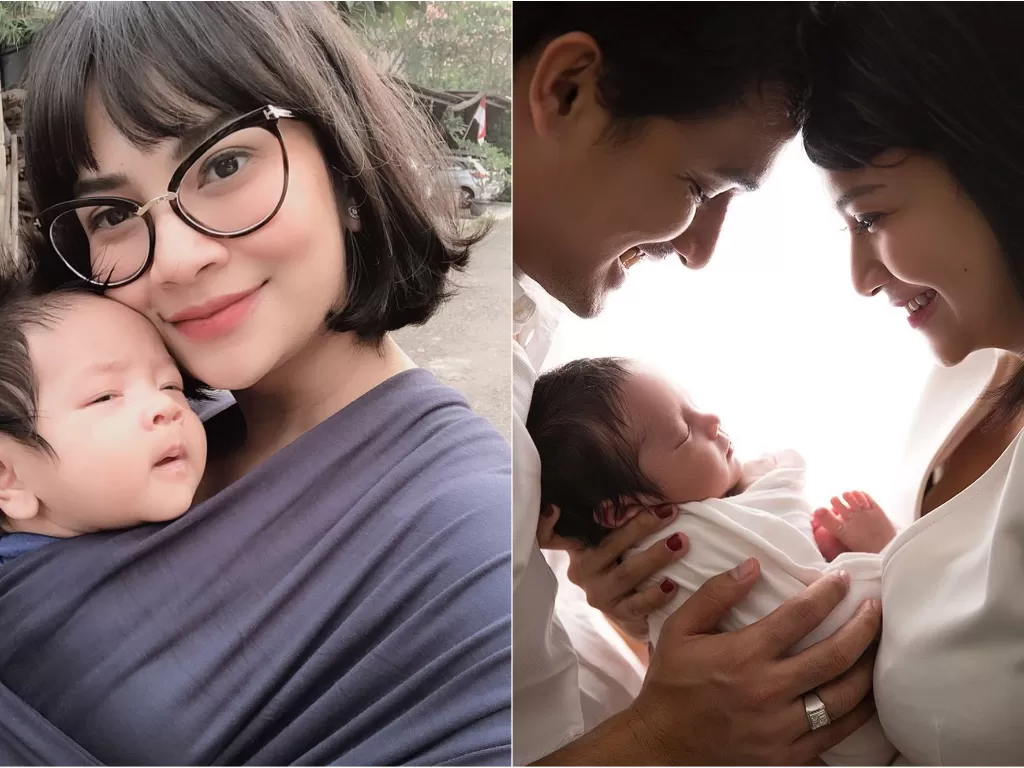 Kiri: Vanessa Angel dan anaknya. Kanan: Vanessa Angel, suami dan anaknya. (Instagram/@vanessaangelofficial)
