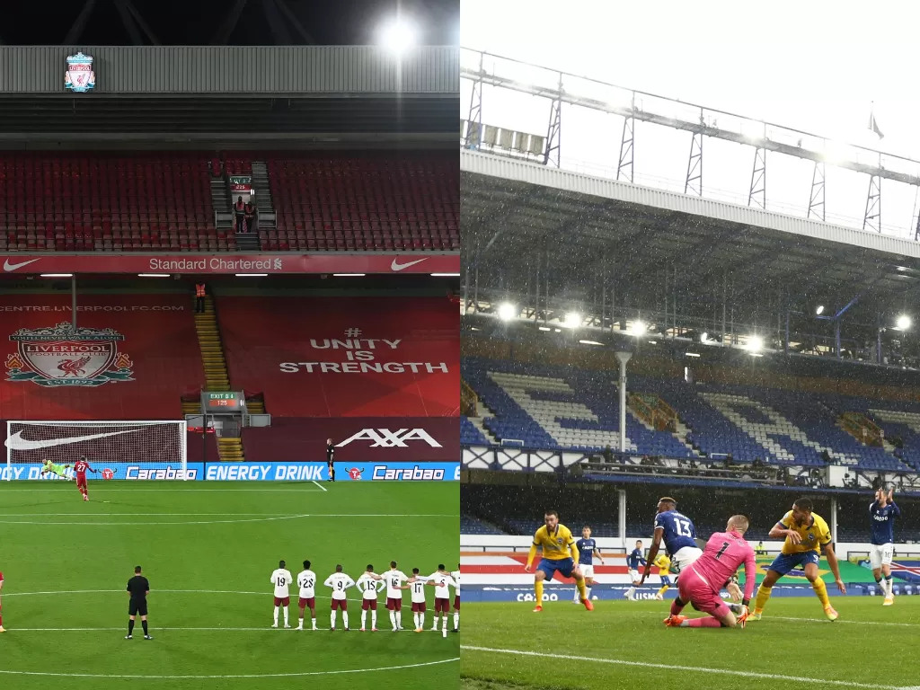 Stadion Anfield (kanan), Stadion Goodison Park (kiri). (REUTERS/ LAURENCE GRIFFITHS/JAN KRUGER)