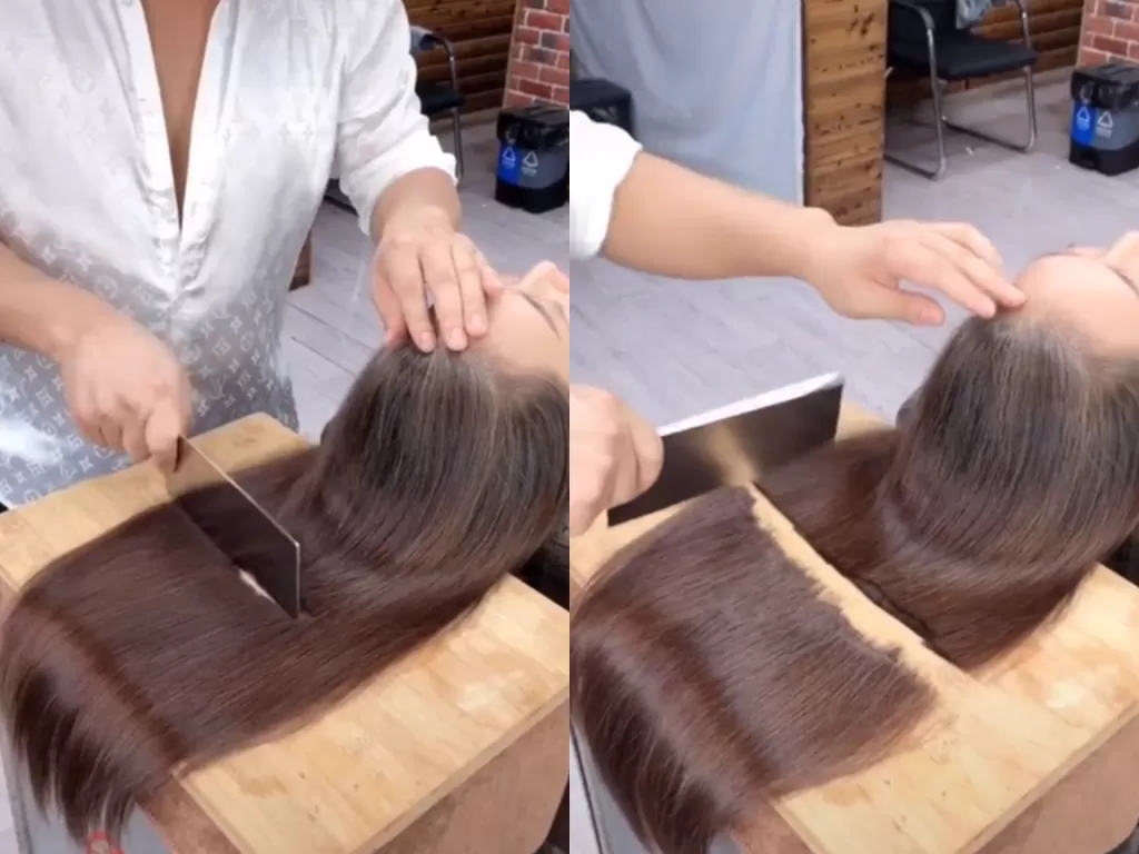 Cuplikan video disaat pria yang pangkas rambut pelanggannya menggunakan pisau pemotong daging. (photo/TikTok/@amazingvideo2020)
