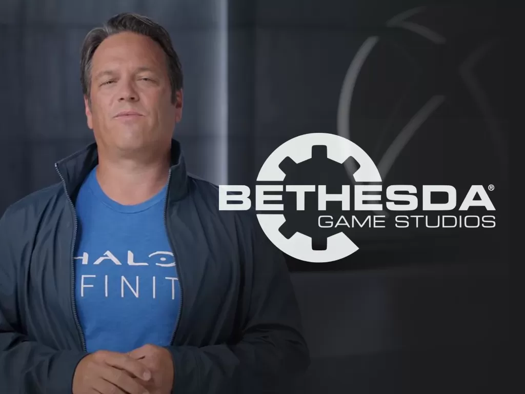 Head of Xbox, Phil Spencer dan logo Bethesda Game Studios (photo/Microsoft/Bethesda)