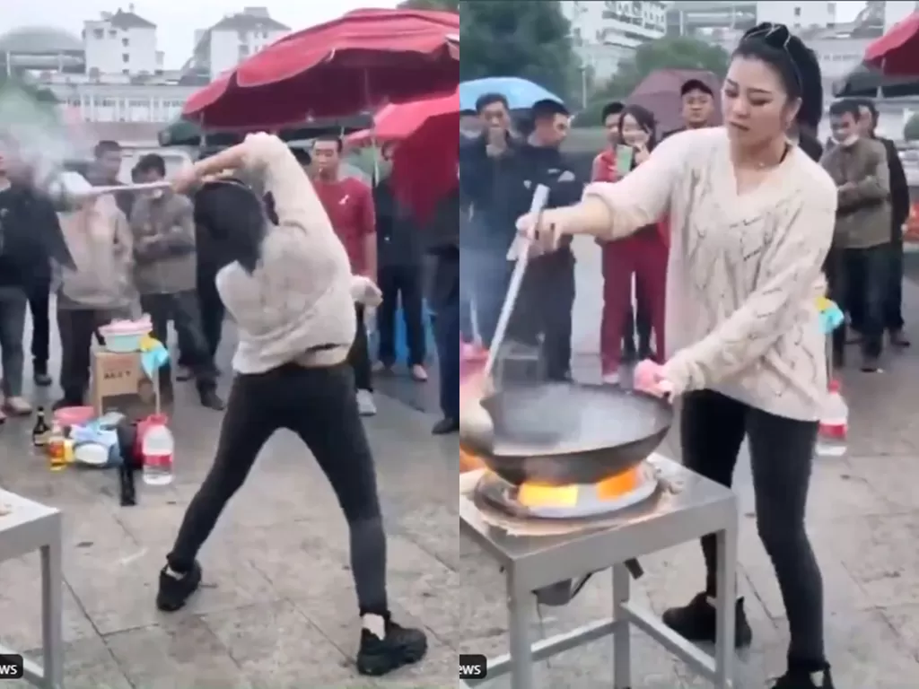 Cuplikan video disaat wanita yang menghibur pelanggang memasak sambil menari. (photo/Twitter/@Hinder_Surprise)