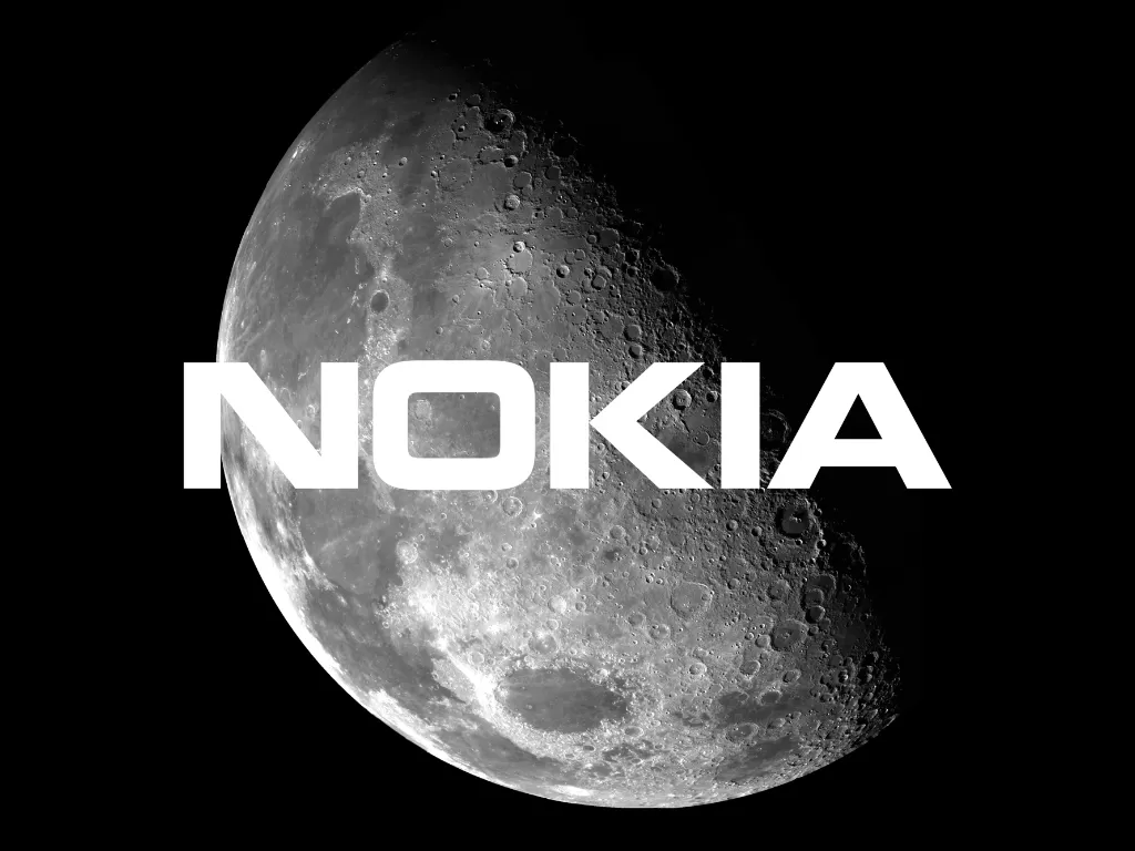 Ilustrasi permukaan Bulan dan logo perusahaan Nokia (photo/Unsplash/NASA/Nokia)