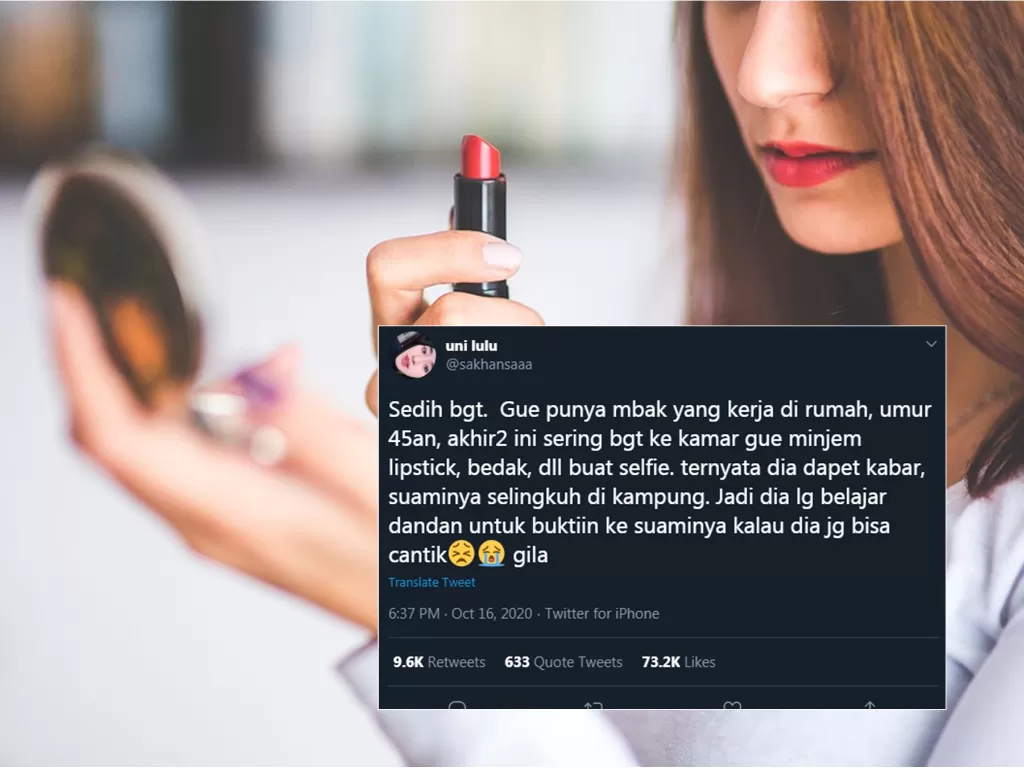 Ilustrasi belajar make up (Pixabay) / Insert: Cuitan soal wanita belajar dandan usai suami selingkuh (Twitter/@sakhansaaa)