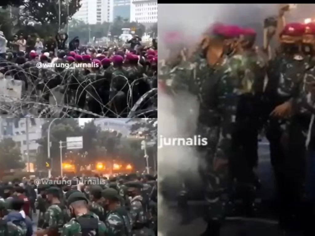 Cuplikan tentara kawal pendemo bubar. (Instagram @warung_jurnalis)