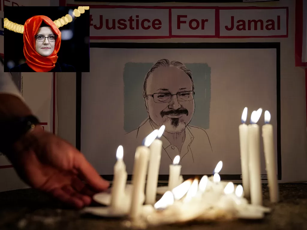 Jurnalis Jamal Khashoggi yang tewas terbunuh. (REUTERS/Sarah Silbige), Insert: Hatice Cengiz, tunangan Jamal Khasoggi. (REUTERS/Arnd Wiegmann).