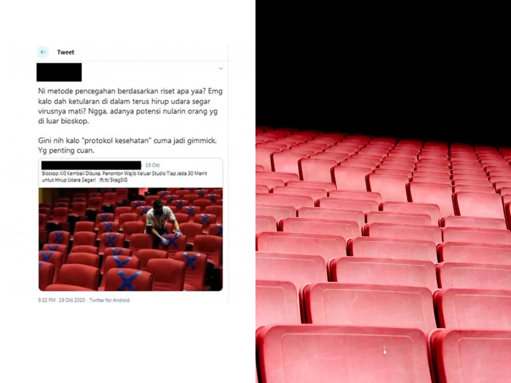 Tangkapan layar komentar warganet yang mempertanyakan aturan penonton bioskop harus keluar setiap 30 menit untuk menghirup udara segar. (photo/Twitter) Ilustrasi bioskop. (photo/Pexels/Tuur Tisseghem)
