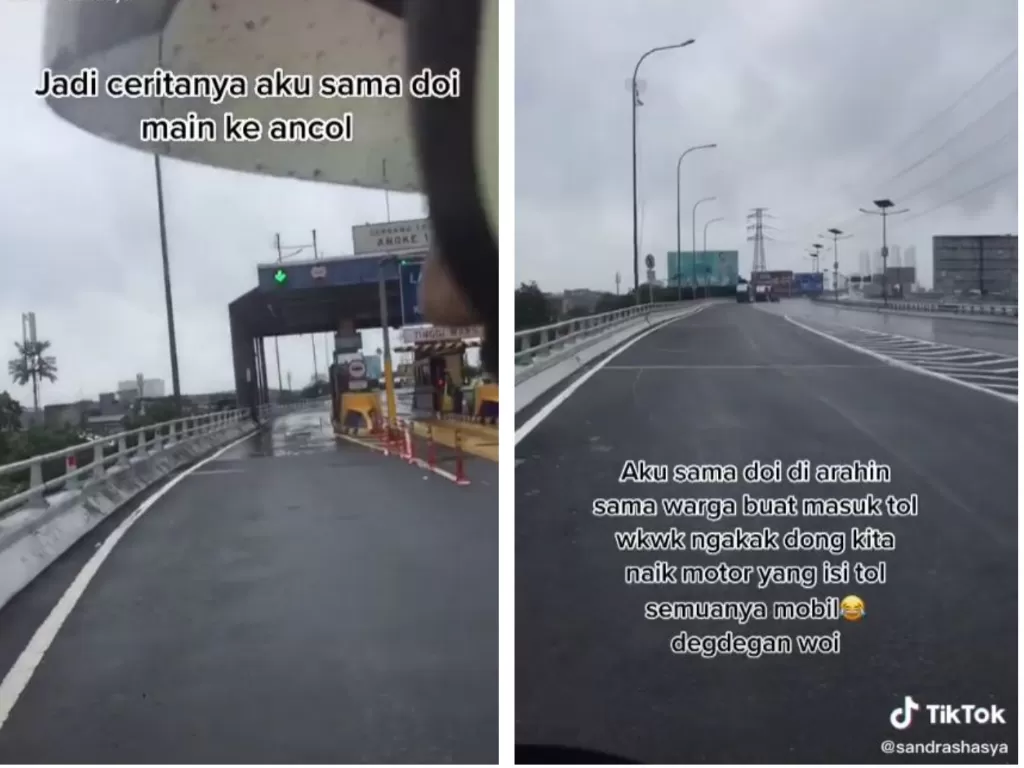 Ancol punya cerita, pulang pacara kebanjiran akhirnya naik motor lewat tol. (TikTok/@sandrasahsaa)