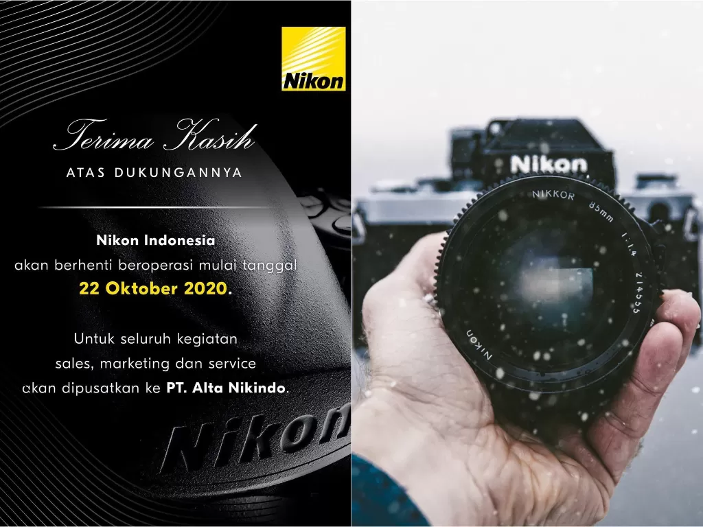 Kiri: Pengumuman pamit Nikon Indonesia (Instagram/nikonindonesia) / Kanan: Ilustrasi kamera Nikon (Unsplash)