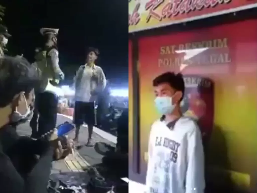 Cuplikan video saat pemuda yang ngamuk ketika diinggatkan untuk gunakan masker oleh polisi, berujung minta maaf. (photo/Instagram/@ndorobeii)